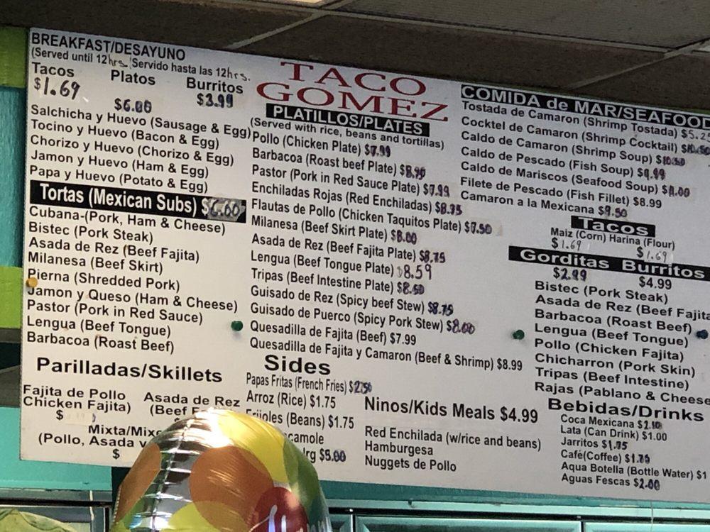 Menu at Taco Gomez restaurant, Ennis, 101 S Kaufman St