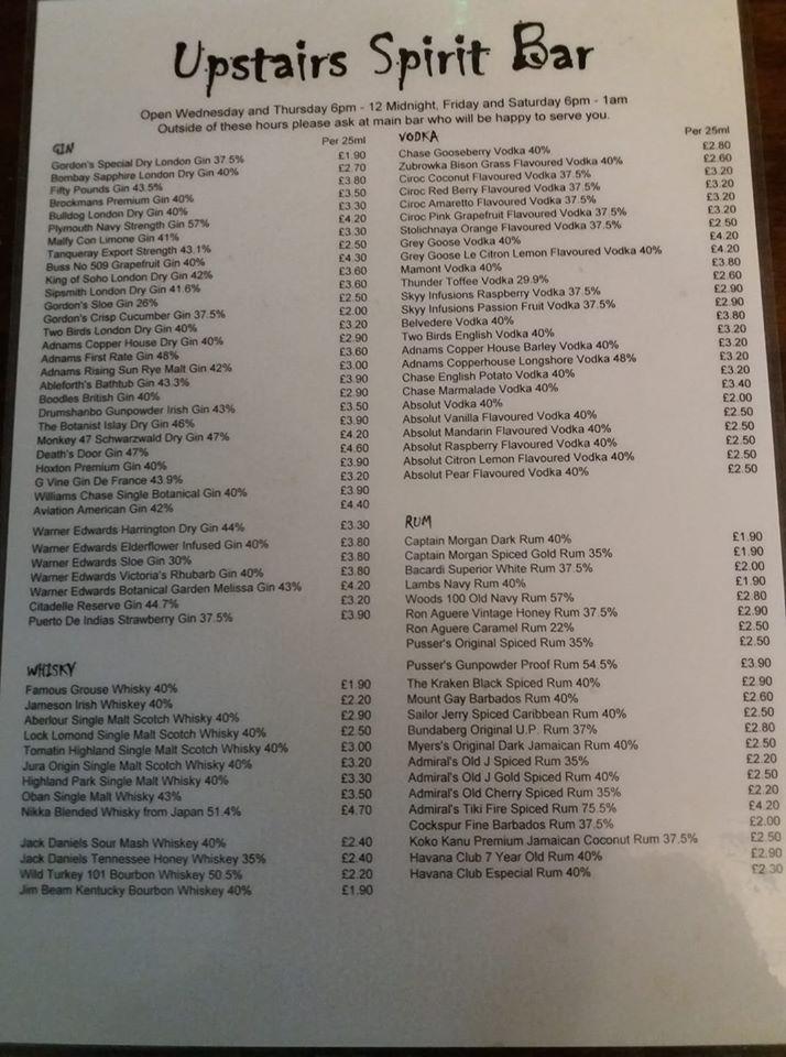 Menu at The Falcon Top Bar, Cambridge