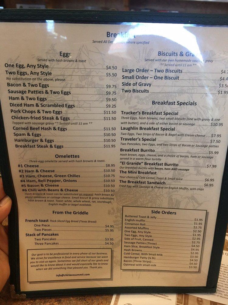 Menu at Chiriaco Summit Restaurant, Chiriaco Summit