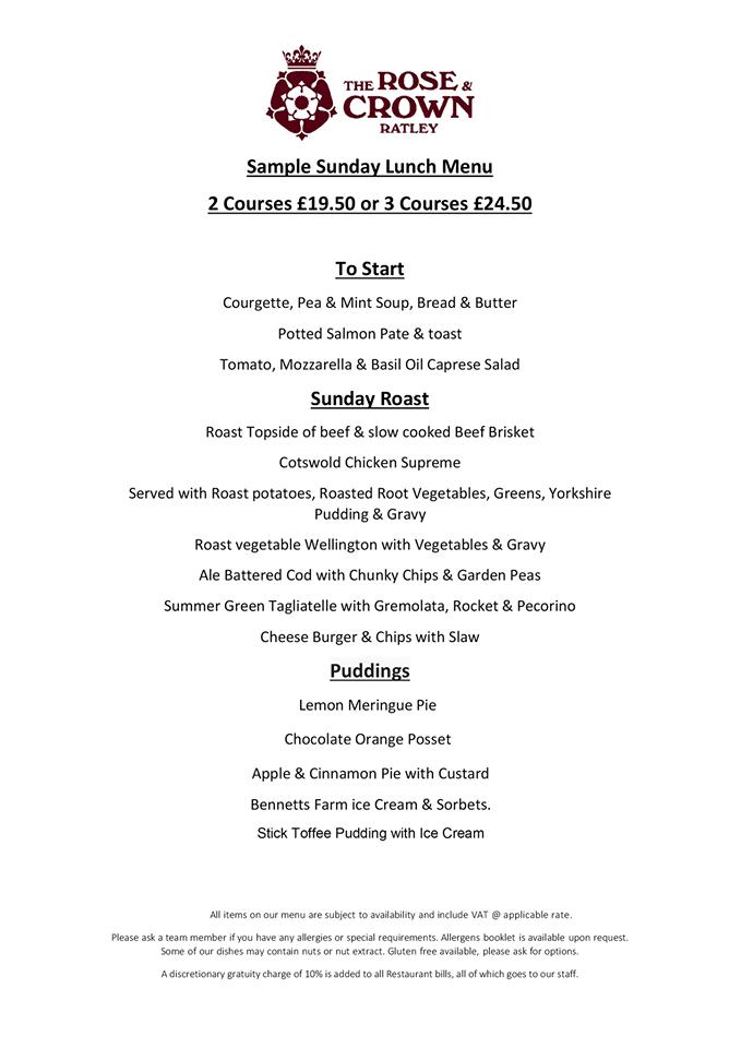 Menu at The Rose & Crown Ratley pub & bar, Ratley and Upton, Featherbow Ln