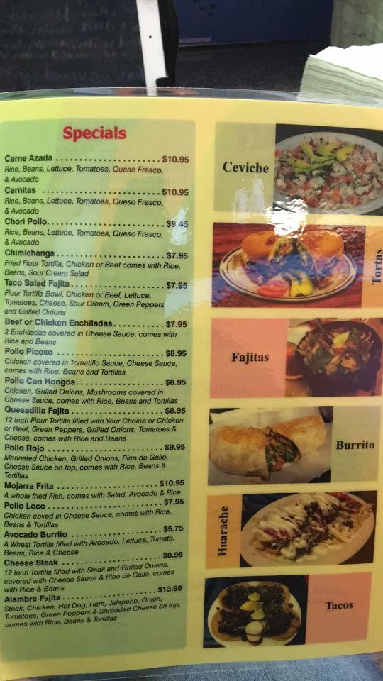 Menu at Tacos el Mariachi restaurant, Kingsport