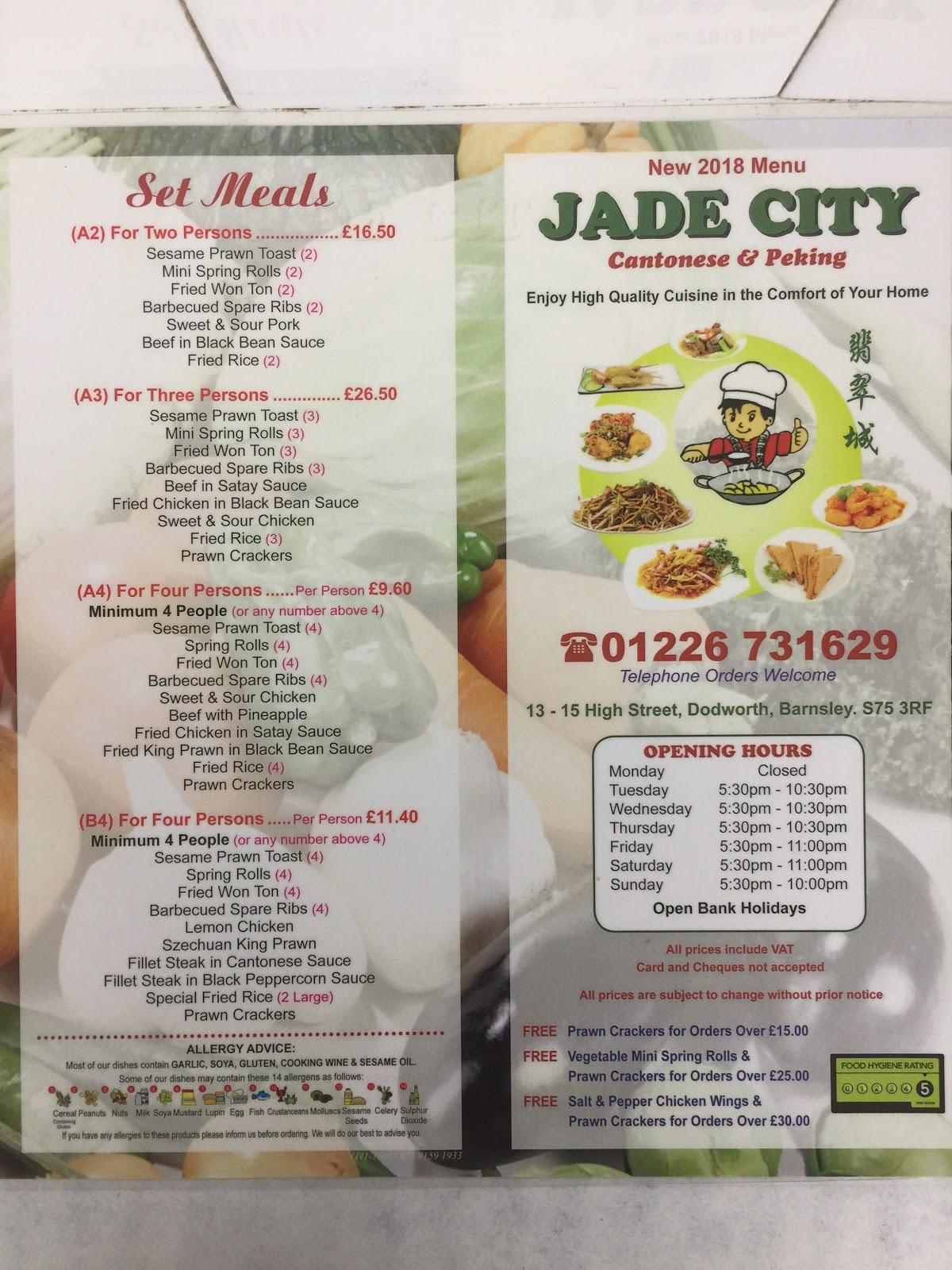 Menu at Jade City fast food, Barnsley, 13 High St