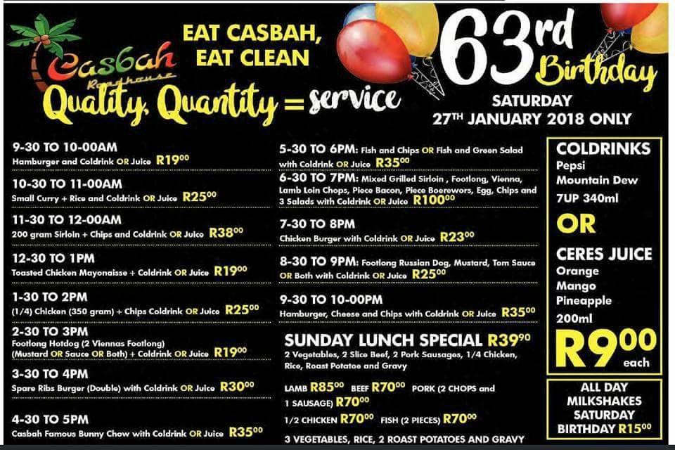 Menu at Casbah Roadhouse fast food, Benoni