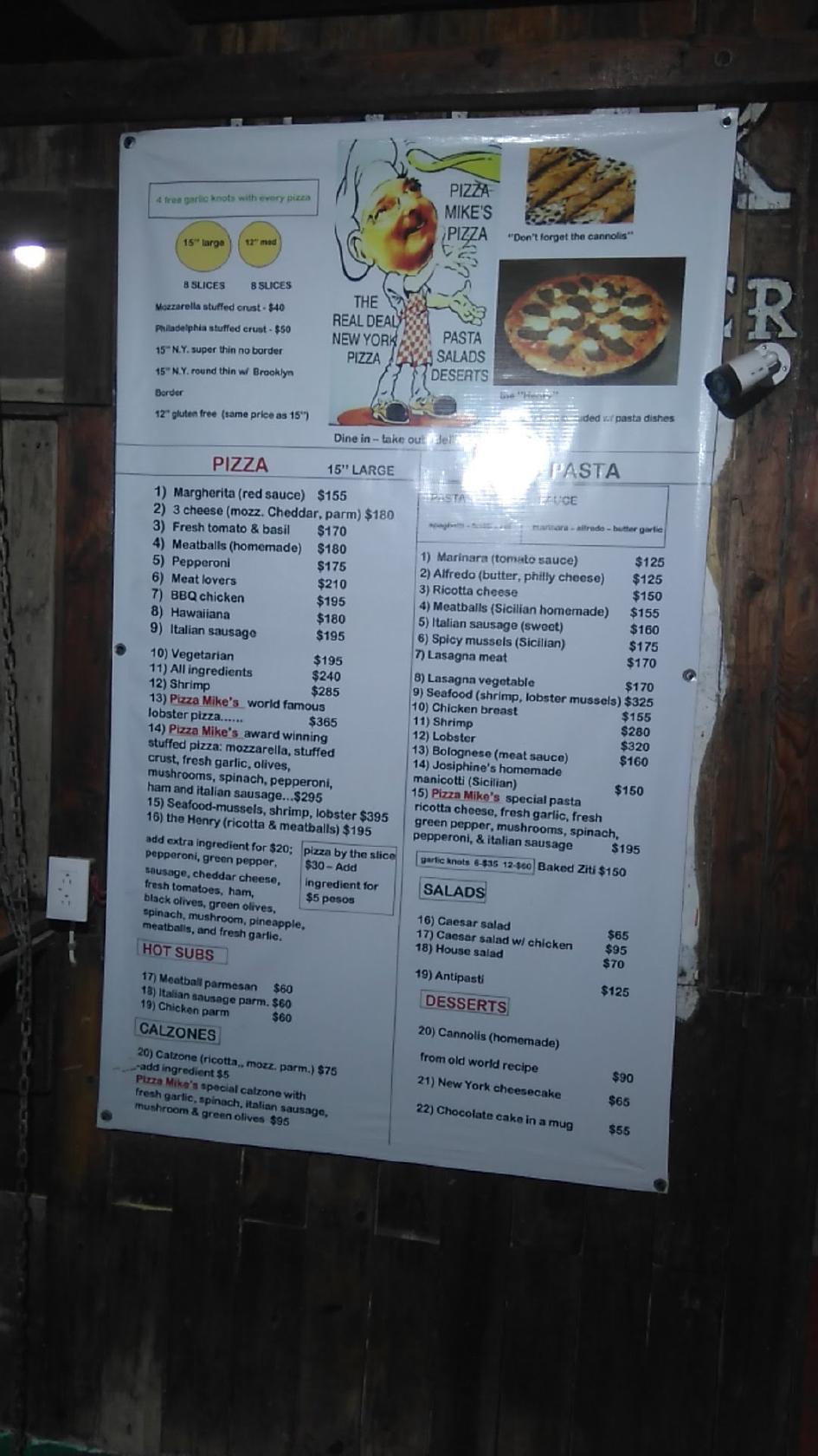 Carta de pizzería Pizza Mike’s, Isla Mujeres