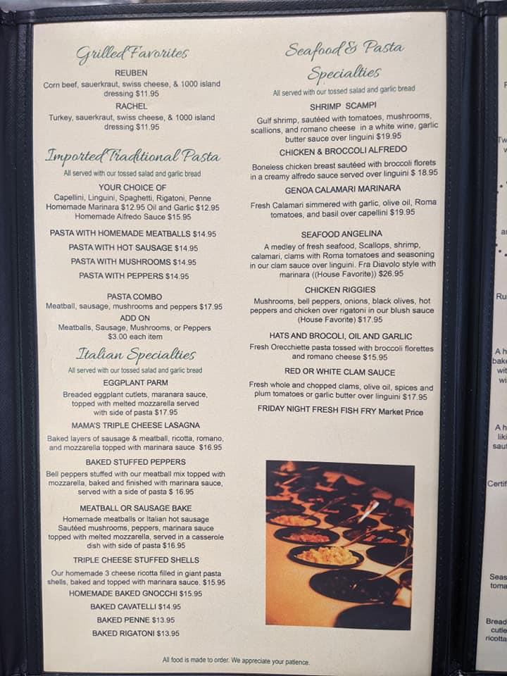 Menu at Ruggiero's Trattoria restaurant, Little Falls