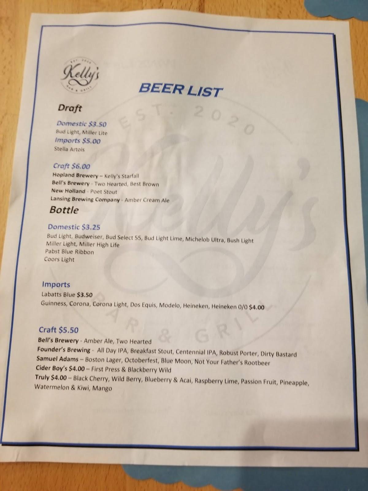 Menu at Kelly's Bar & Grill, Holland