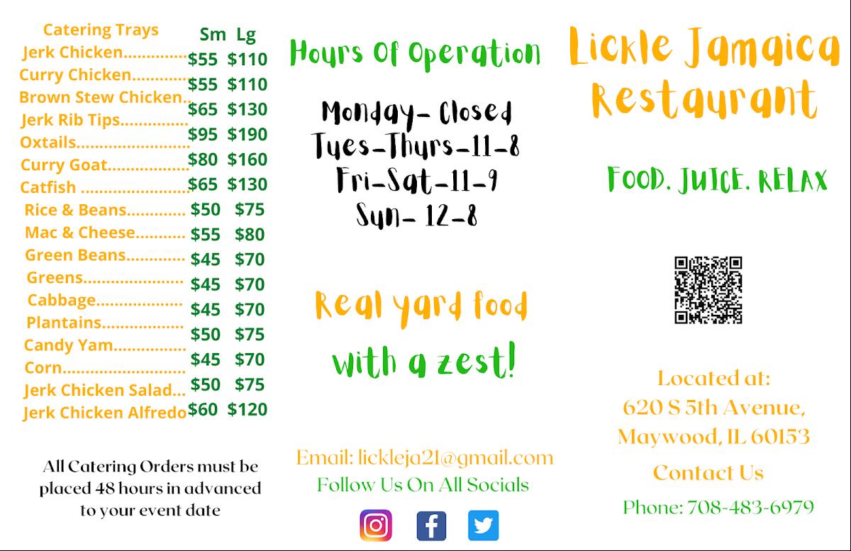 Menu at Lickle Jamaica restaurant, Maywood