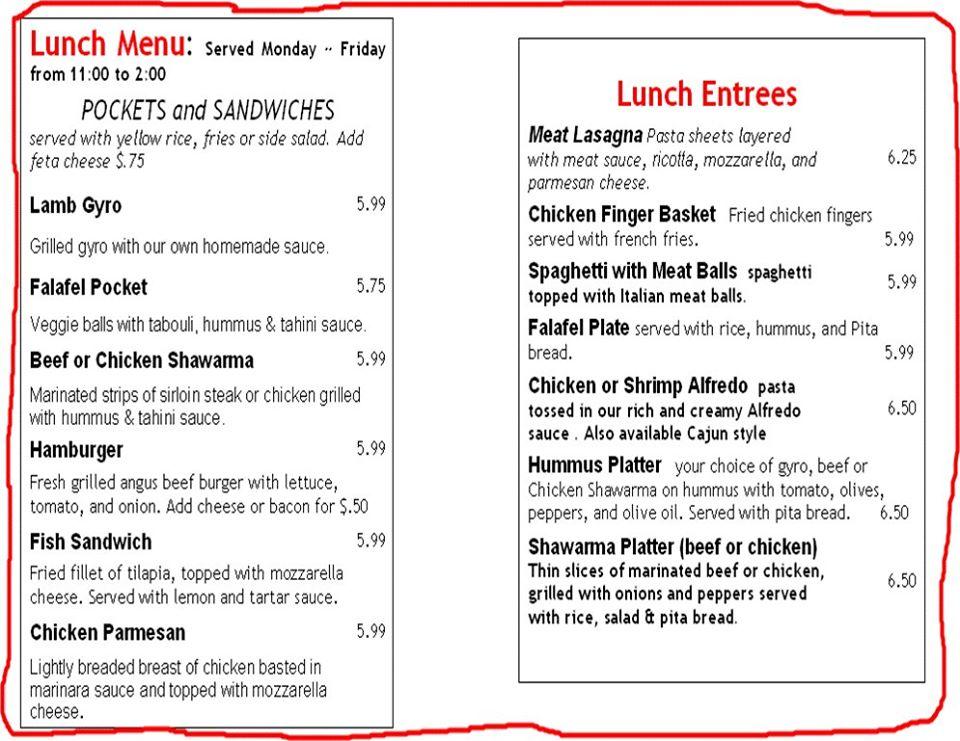 Menu at Olive Green restaurant, Murfreesboro