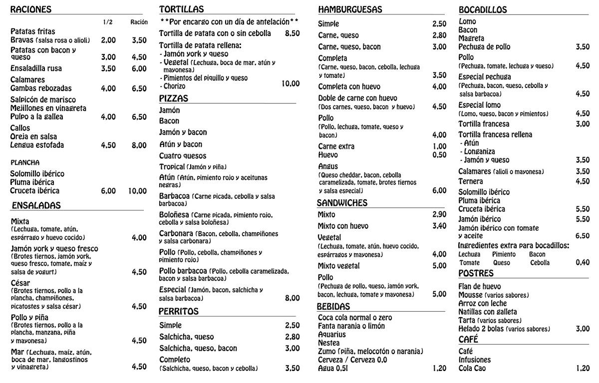 Menu at Bar Rte. Lagunilla, Guijuelo