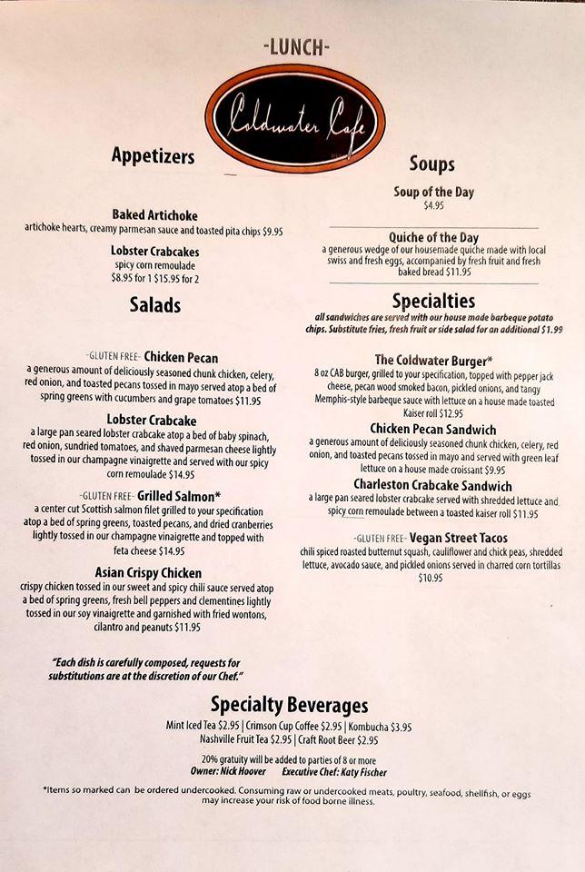 Menu at Coldwater Café restaurant, Tipp City