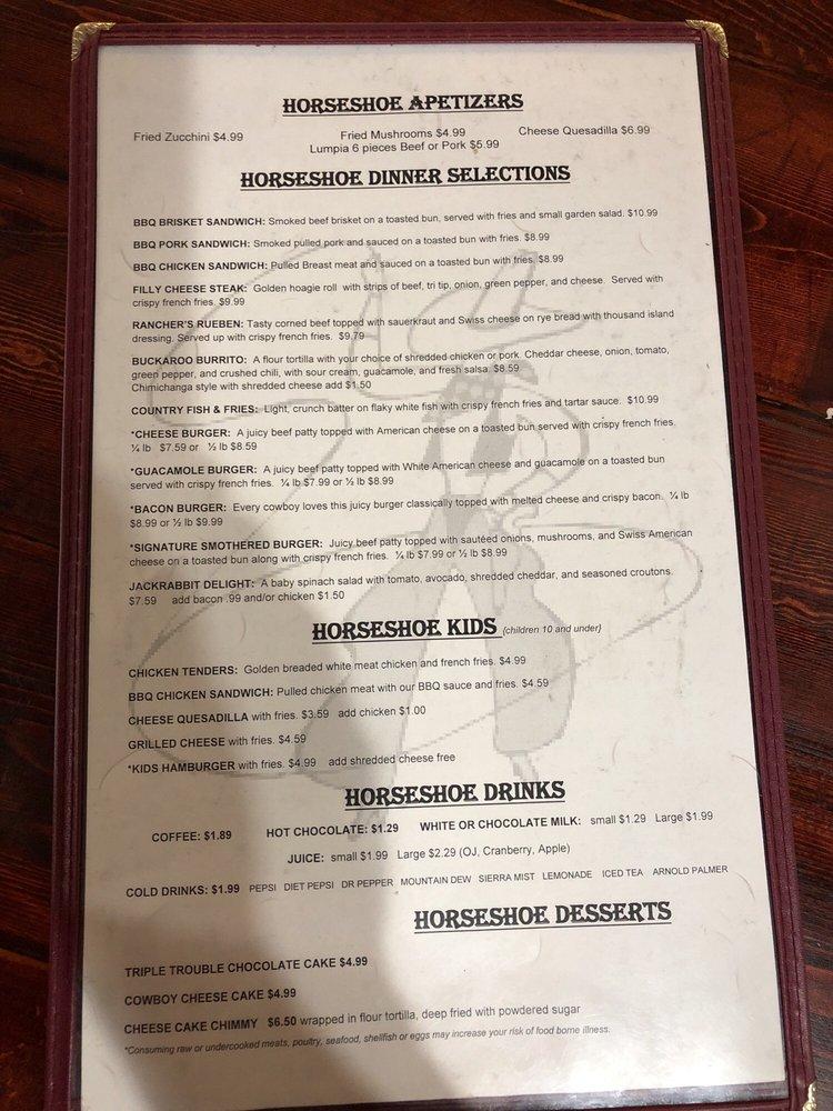 Menu at Horseshoe Barbecue and Bar, Picture Rocks