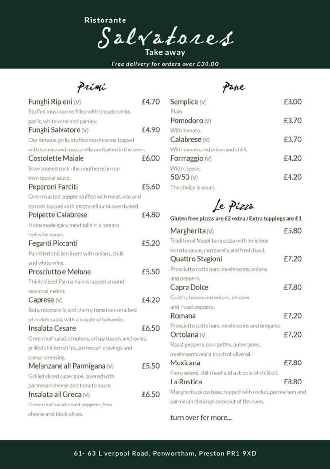 Menu at Salvatore's Penwortham restaurant, Preston