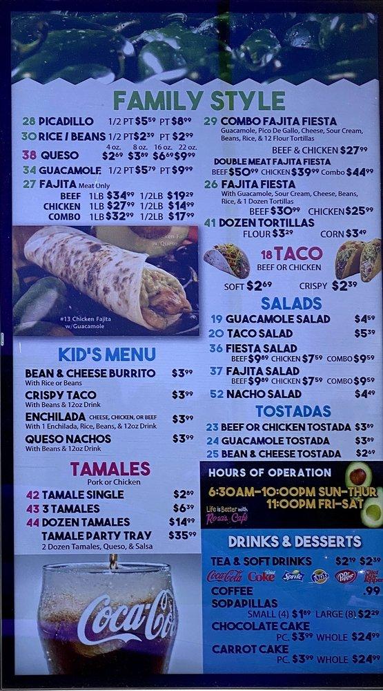 Menu at Rosa's Café & Tortilla Factory restaurant, Allen, 865 W Stacy Rd