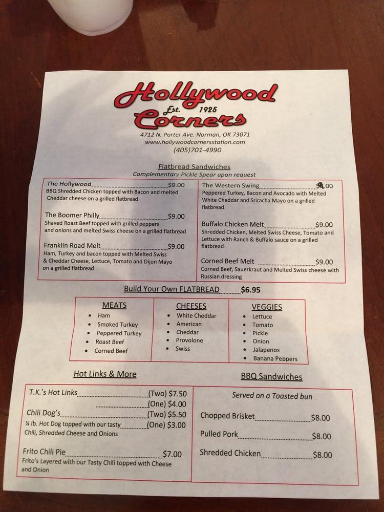 Menu at Hollywood Corners restaurant, Norman