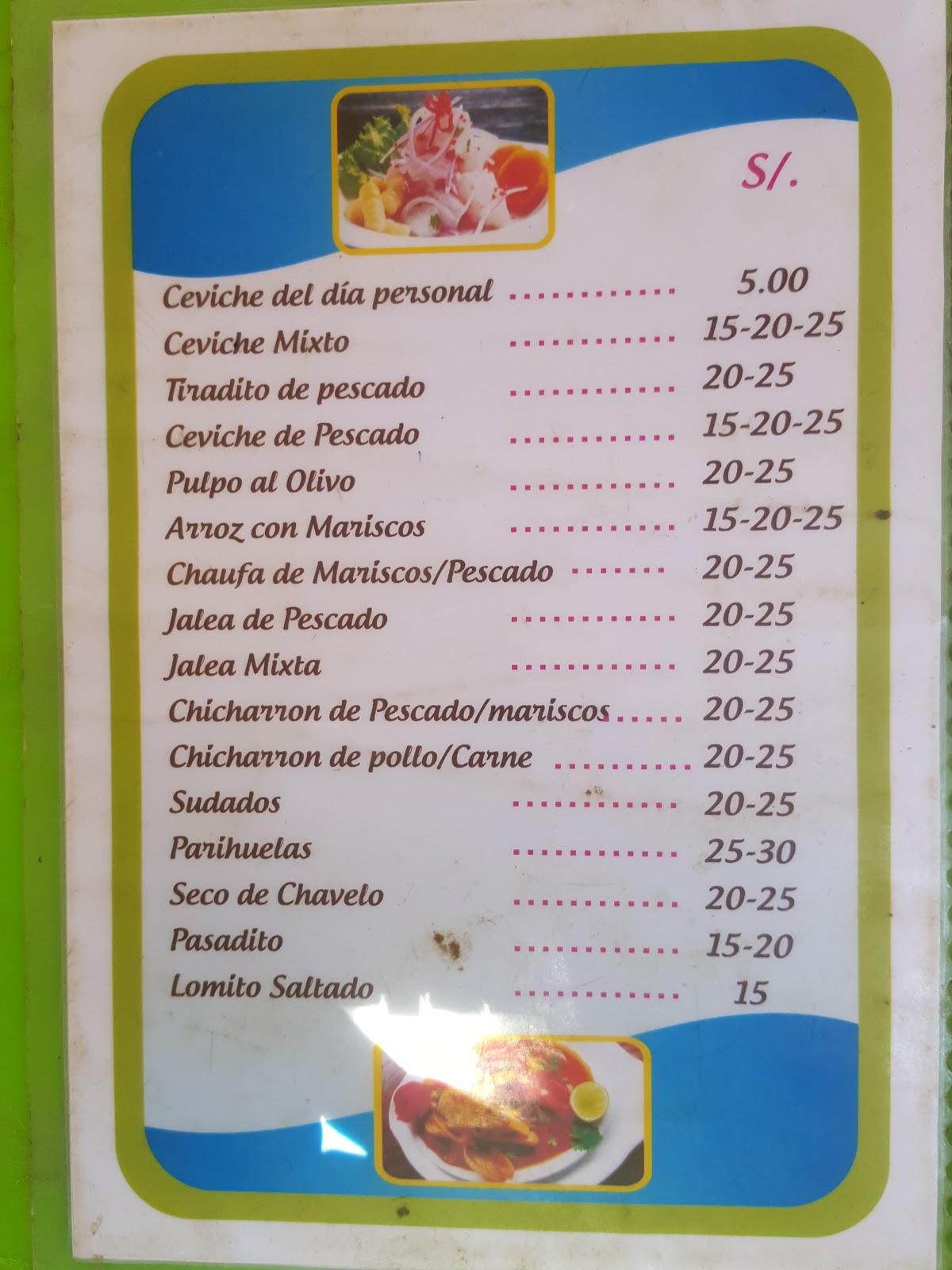 Menu at Sarita Colonia restaurant, Ñuro