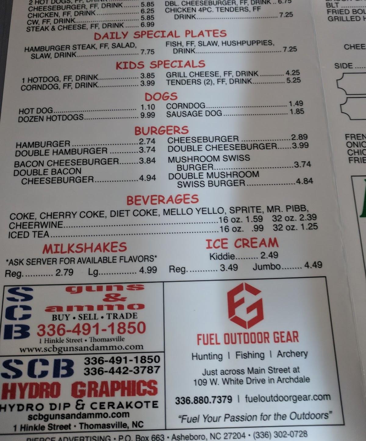 Menu at Archdale Soda Shop restaurant, Archdale