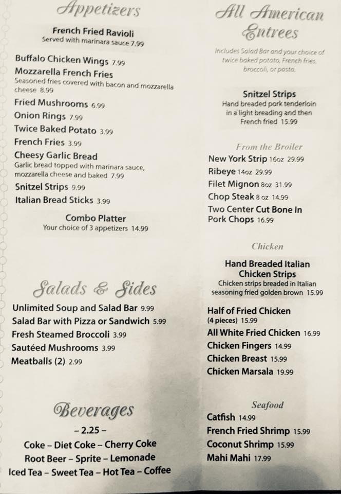 Menu at Guzzardo's Italian Villa restaurant, Lincoln