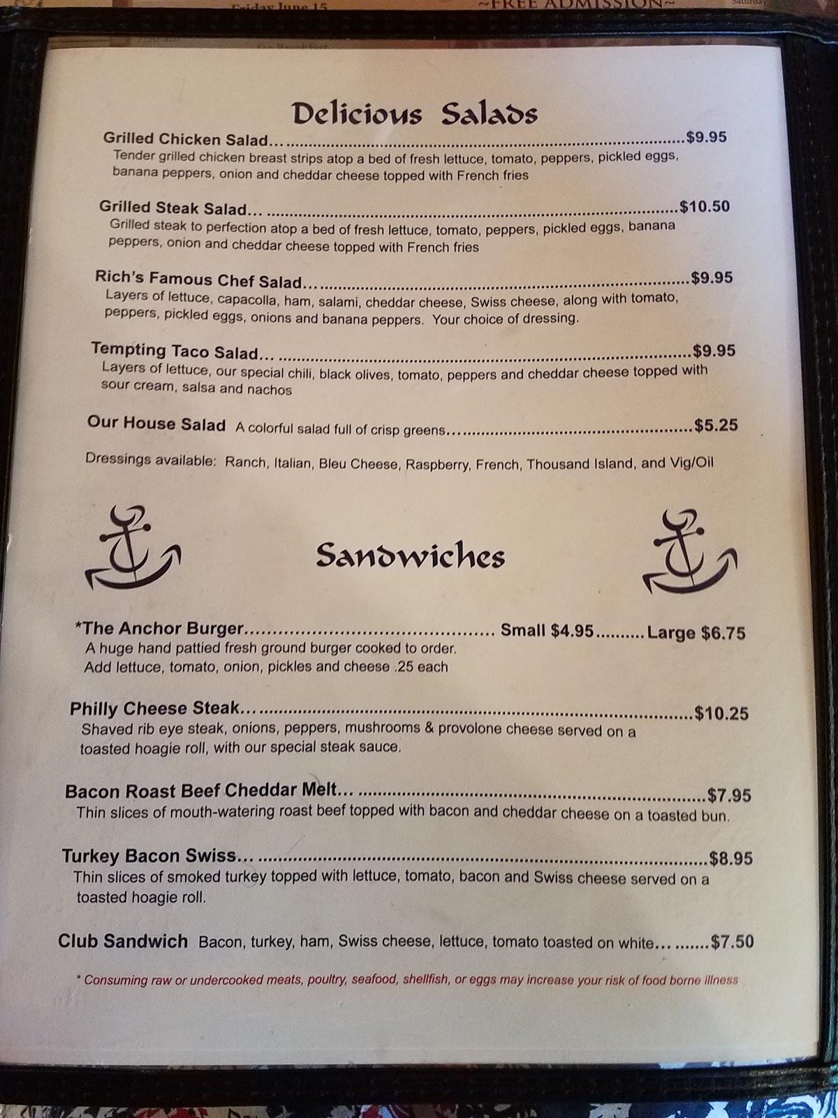 Menu at Anchor In restaurant, Addison