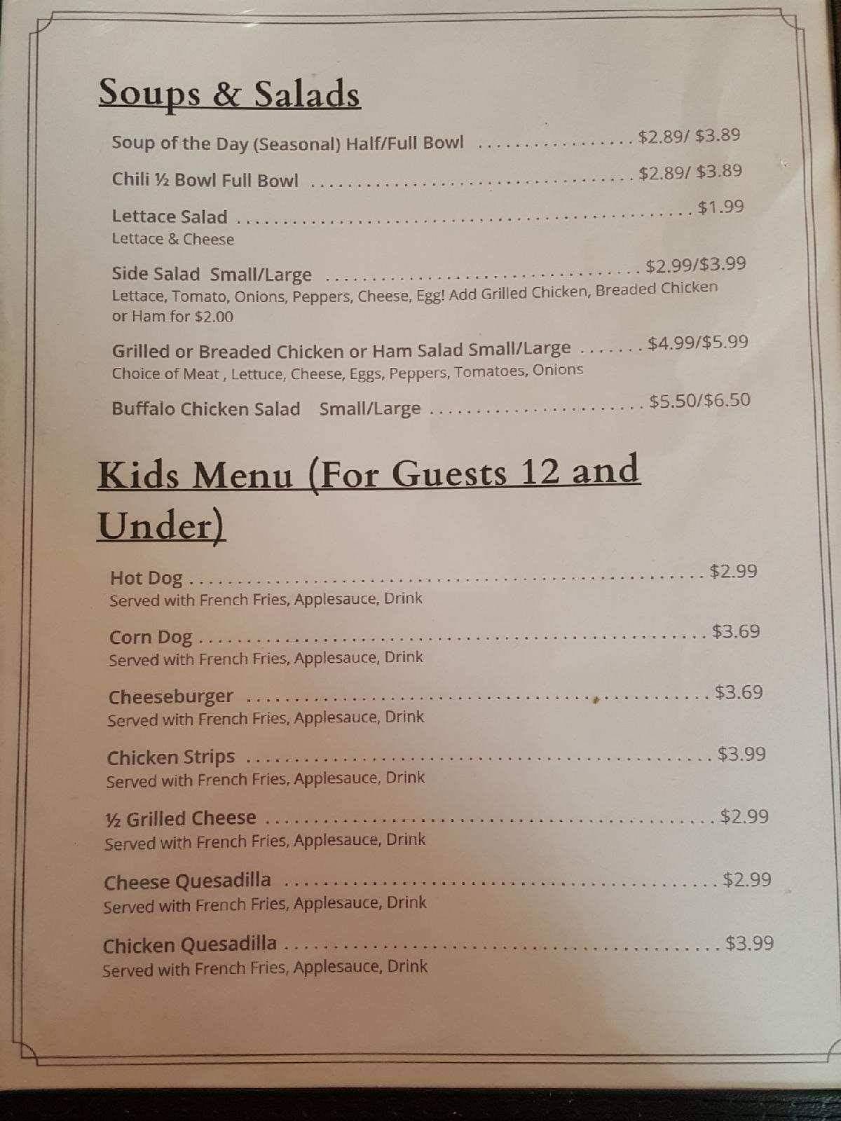 Menu at Nana's Diner, Kahoka