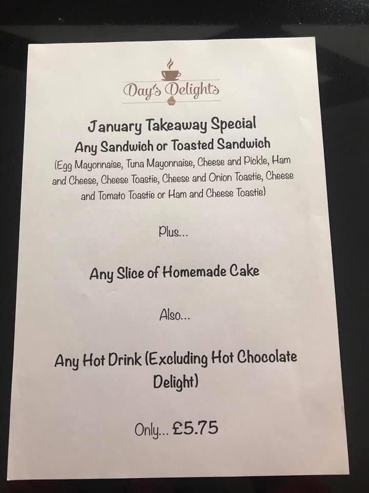 Menu at Day's Delights cafe, Grimsby
