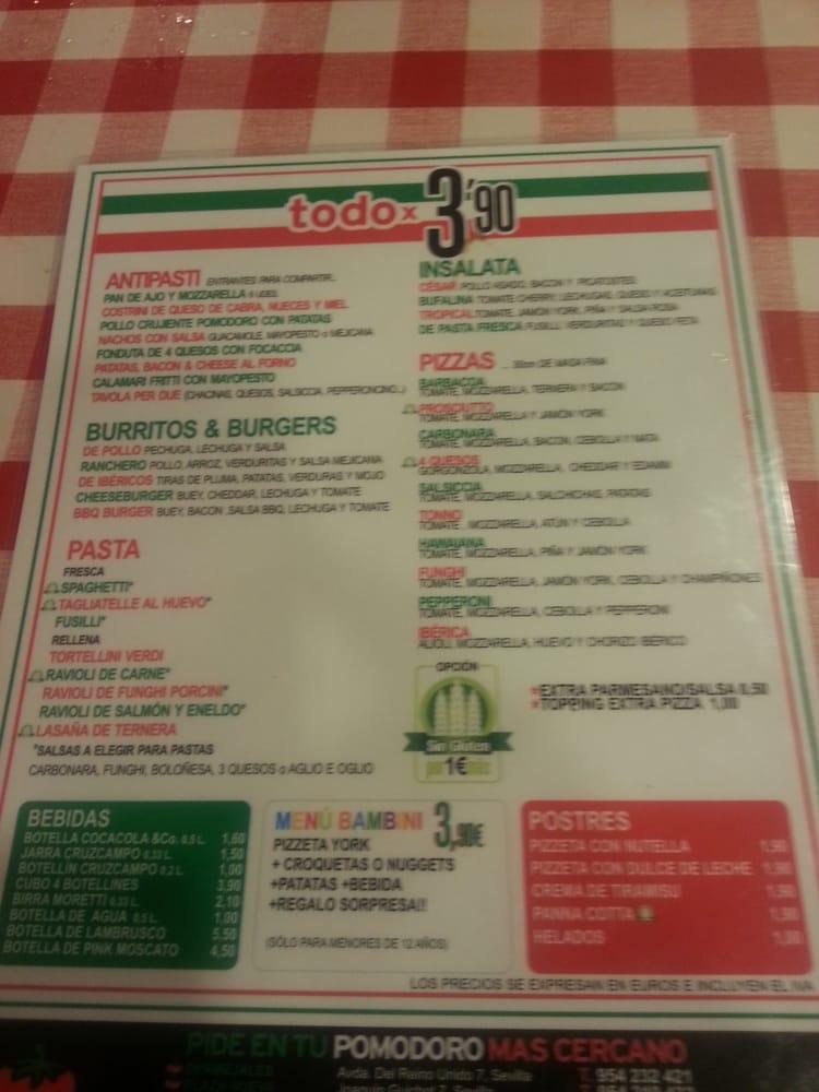 Carta de pizzería Pomodoro Sevilla Av del Reino Unido