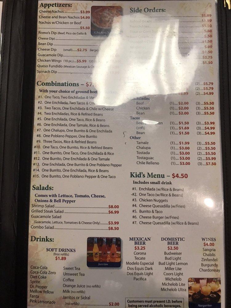 Menu at Romo's Mexican Resturant restaurant, Crossville