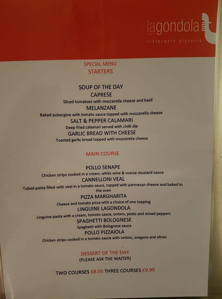 Menu at La Gondola restaurant, Kirkcaldy