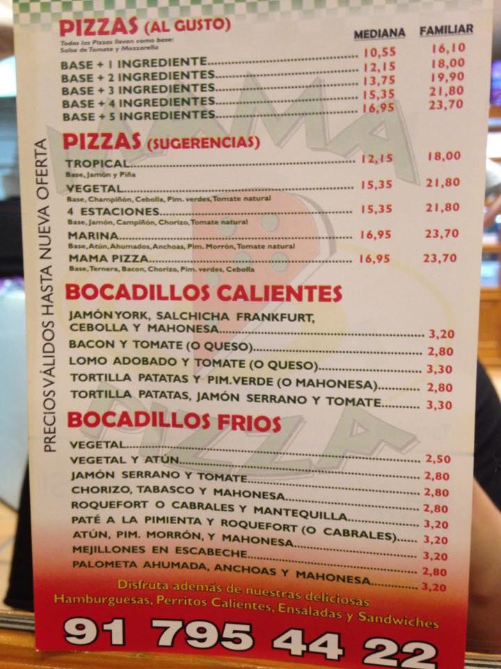 Menu At Mama Pizza Restaurant Madrid