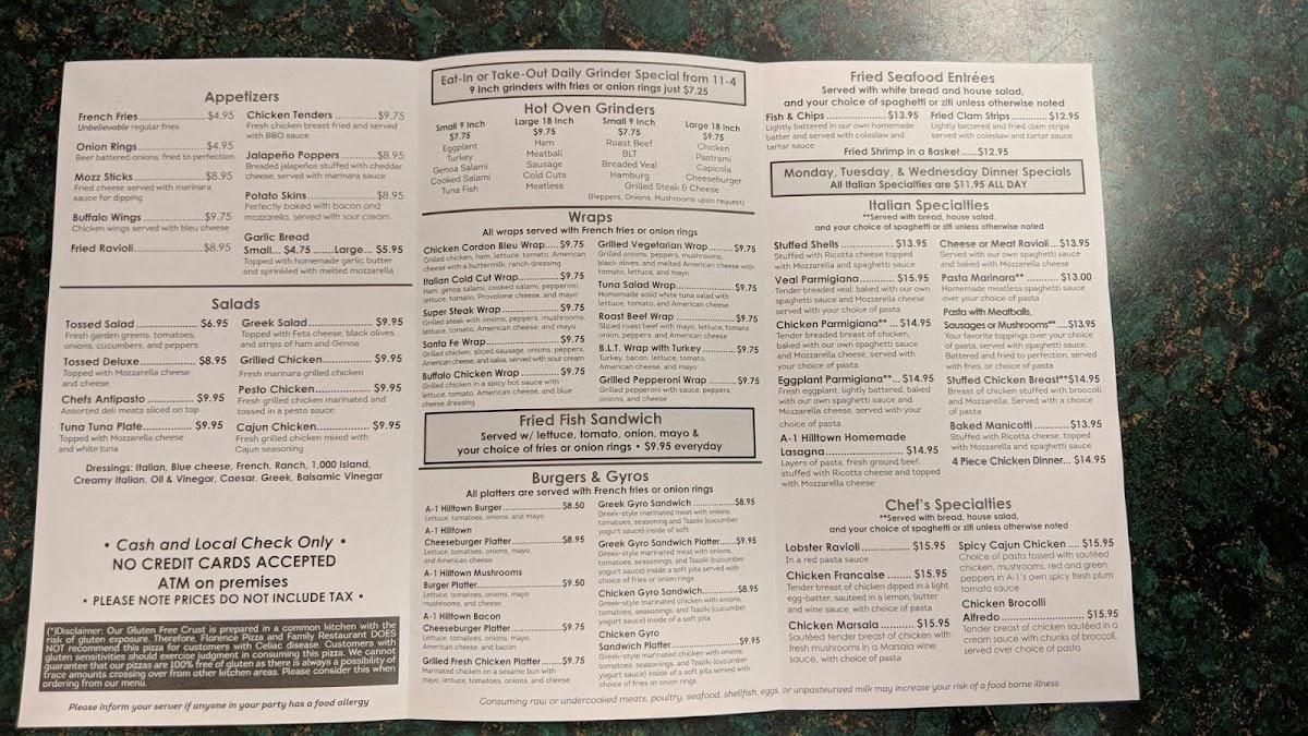 Menu at A1 Hilltown Pizza pizzeria, Williamsburg