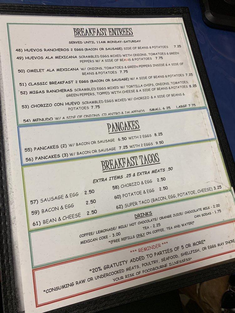 Menu at Mario's Mexican Restaurant, Hutto