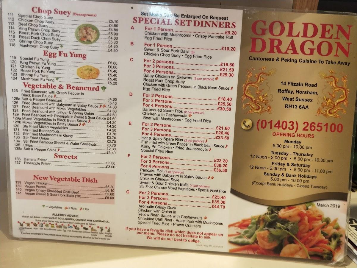 Menu At The Golden Dragon Fast Food Horsham