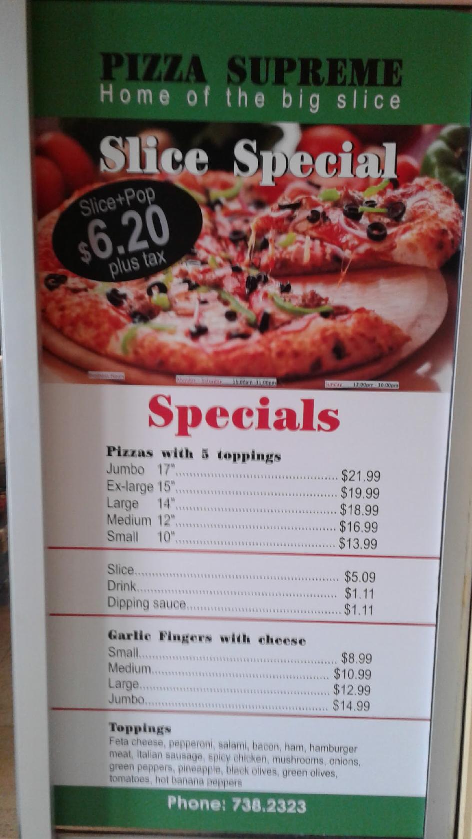 Menu at Pizza Supreme pizzeria, St. John's, 27 Elizabeth Ave