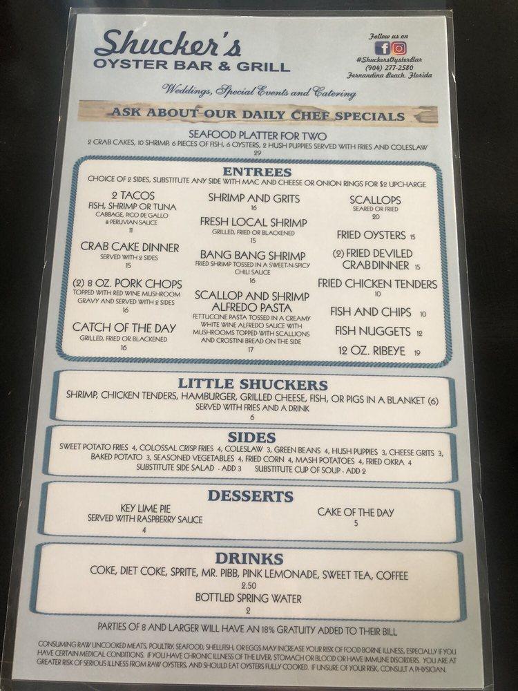 Menu at Shucker's Oyster Bar, Fernandina Beach, Old Nassauville Rd