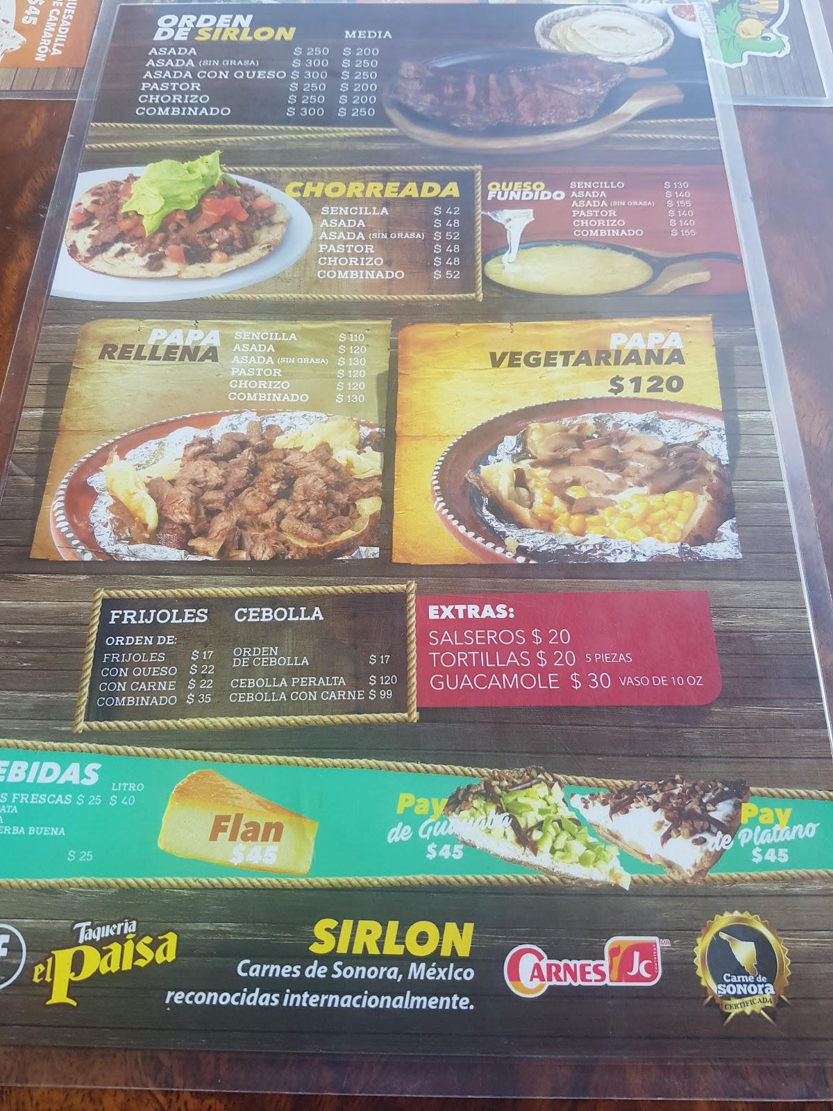 Carta del restaurante Tacos el Paisa, Mazatlán