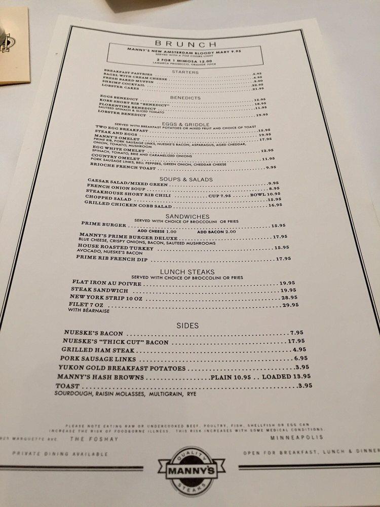 Menu at Manny's Steakhouse, Minneapolis, 825 S Marquette Ave