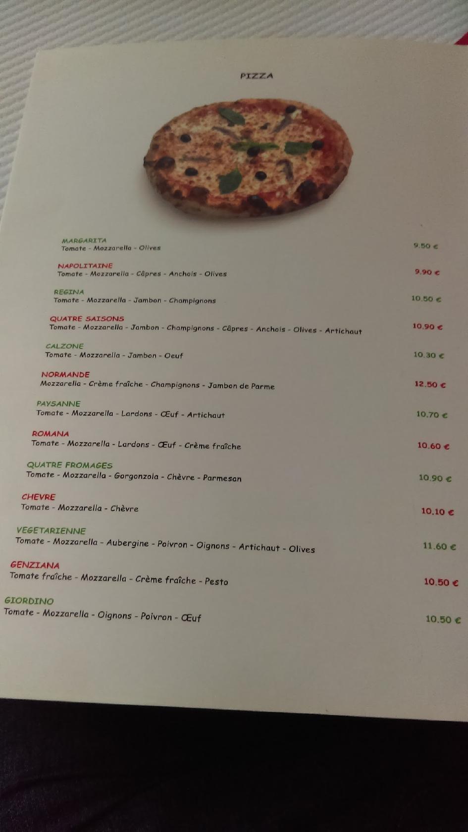 Menu au Pizzeria Genziana, NeuillysurMarne