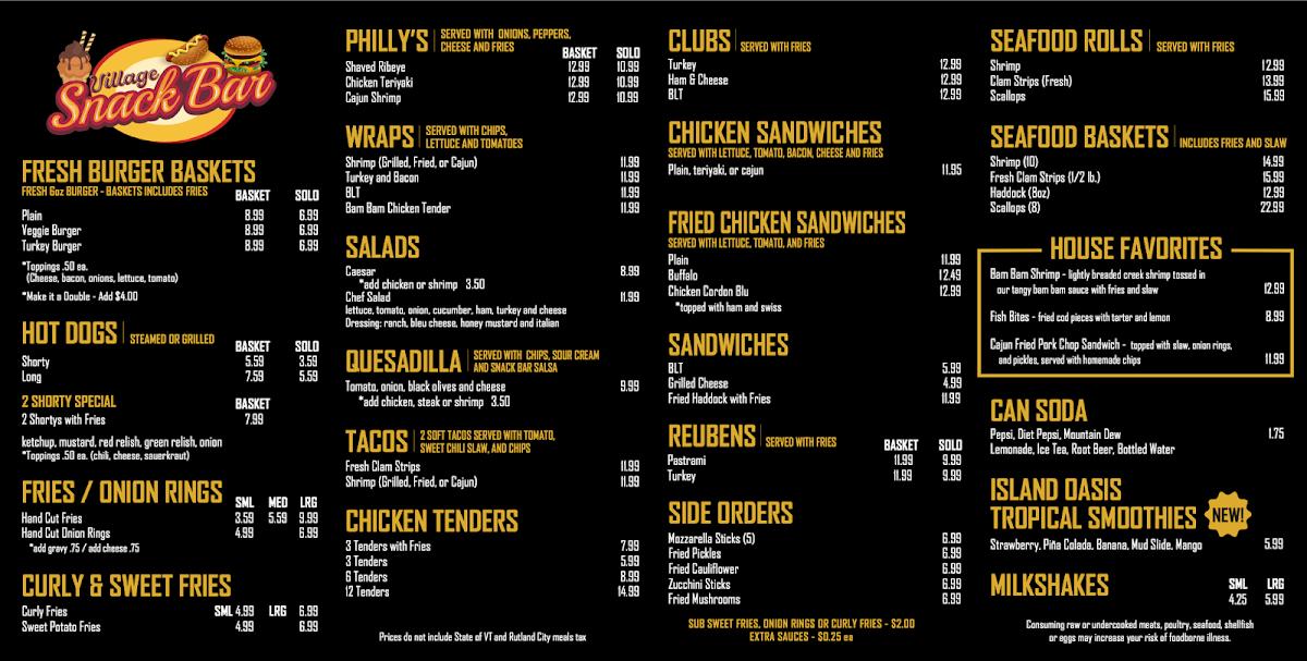 Menu at Village Snack Bar, Rutland, 389 West St