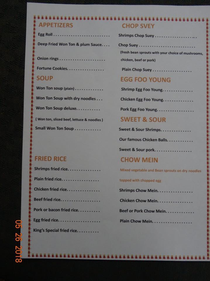 Menu at King's Cafe, Hearst