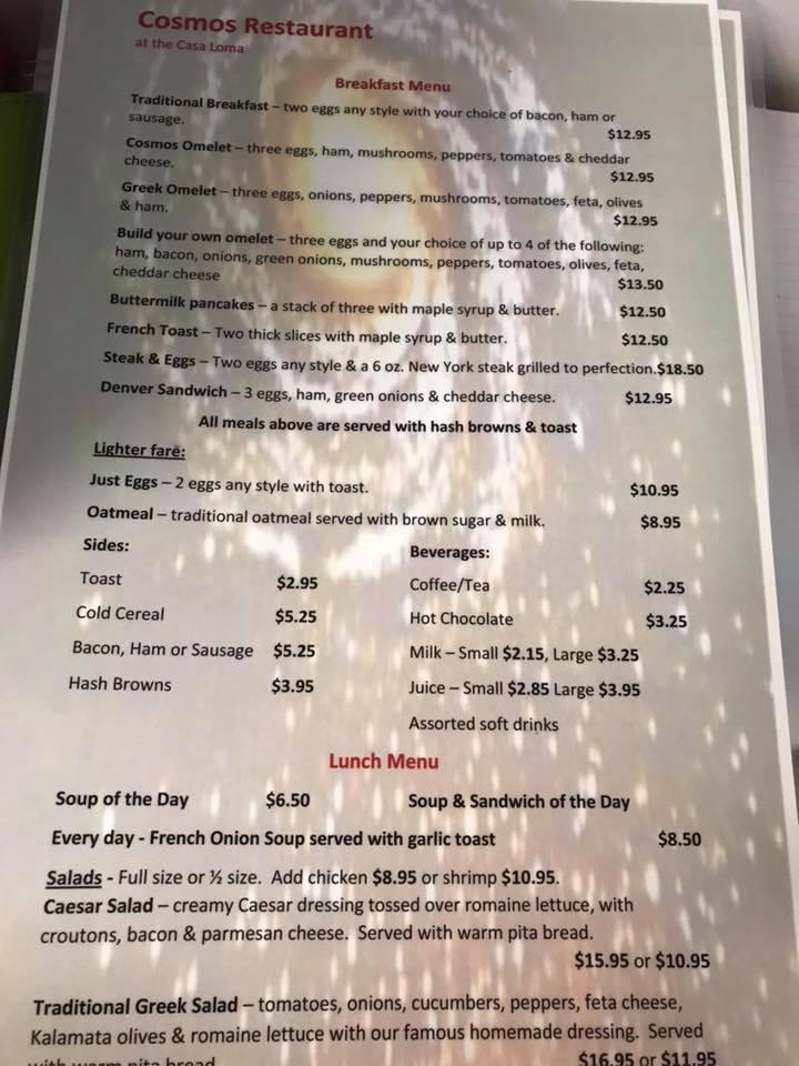 Menu at Cosmos Restaurant, Whitehorse