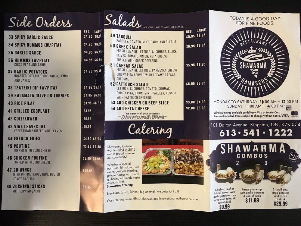 Menu at Shawarma Damascus restaurant, Kingston, 101 Dalton Ave B8