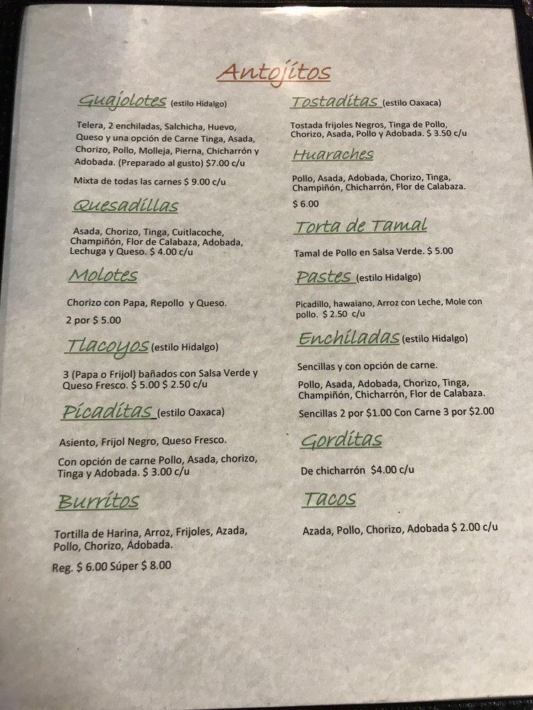 Menu at Culturas Hidalgo & Oaxaca Restaurant, Salinas