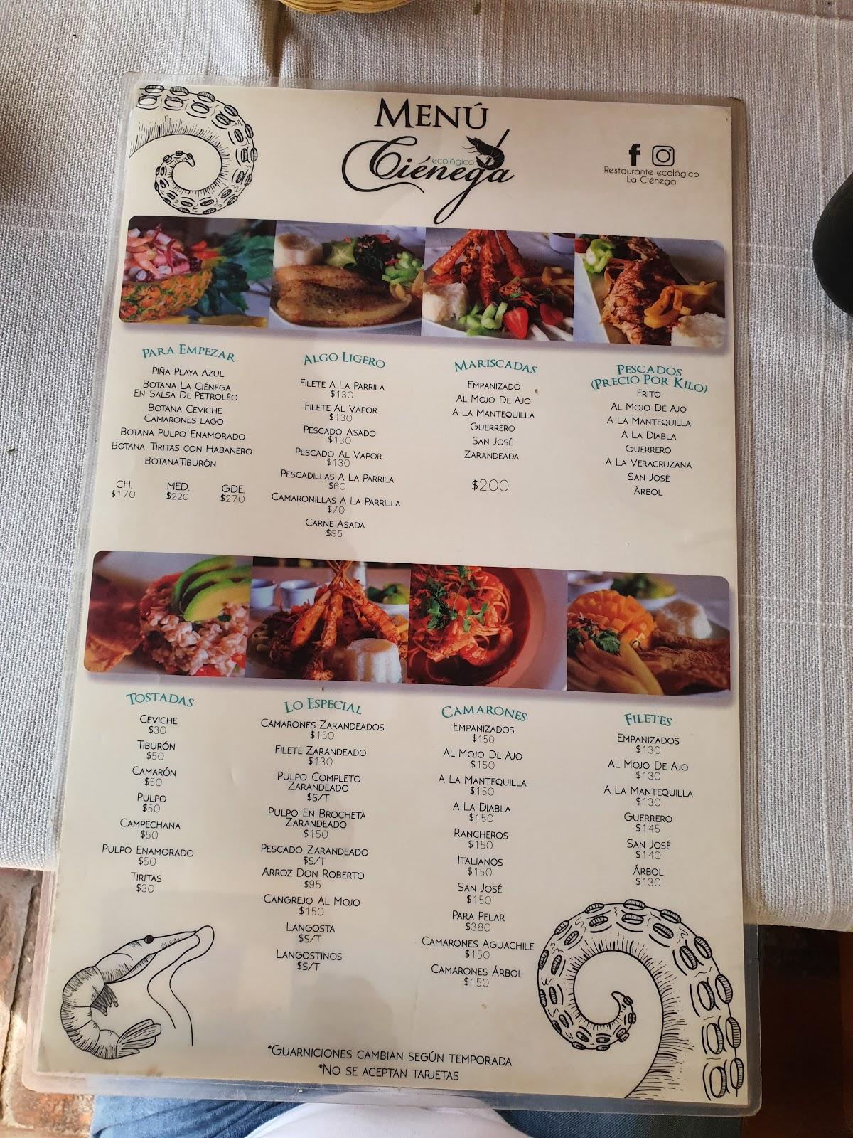 Carta del restaurante La Ciénega, San Agustín del Maíz