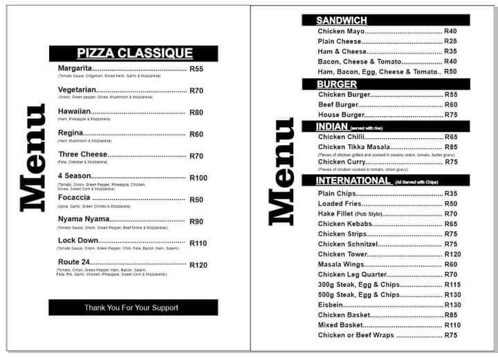 Menu at Route 24 Tarlton. pub & bar, Krugersdorp