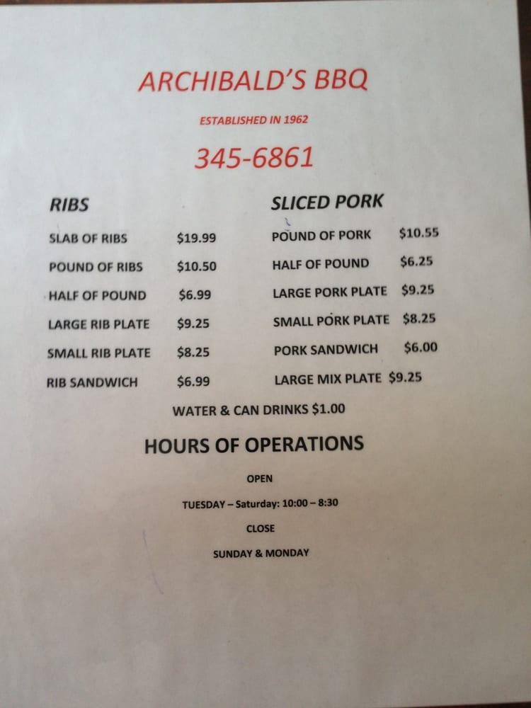 Menu at Archibald's BBQ, Northport, Martin Luther King Jr Blvd