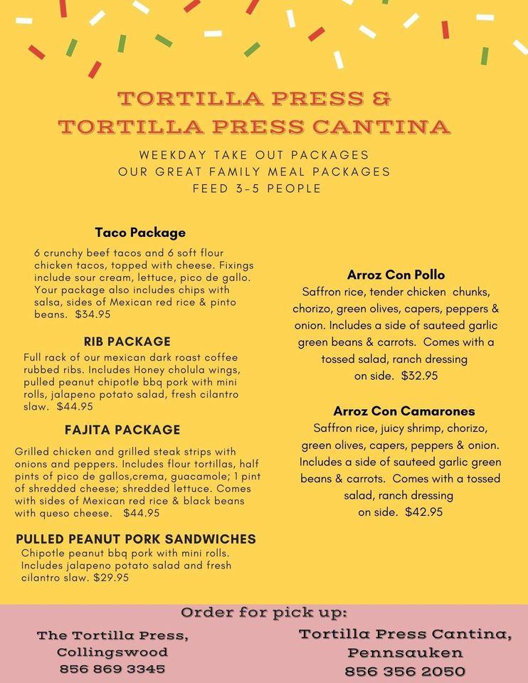 Menu at The Tortilla Press restaurant, Collingswood