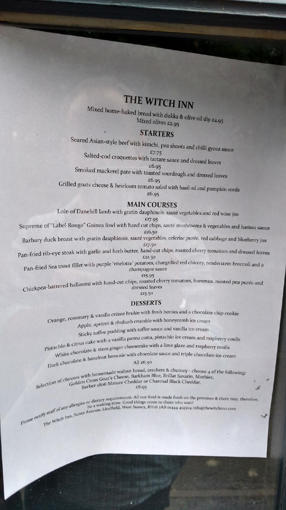 Menu at The Witch Inn pub & bar, Lindfield