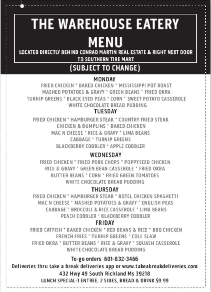 Menu at the warehouse eatery restaurant, Richland