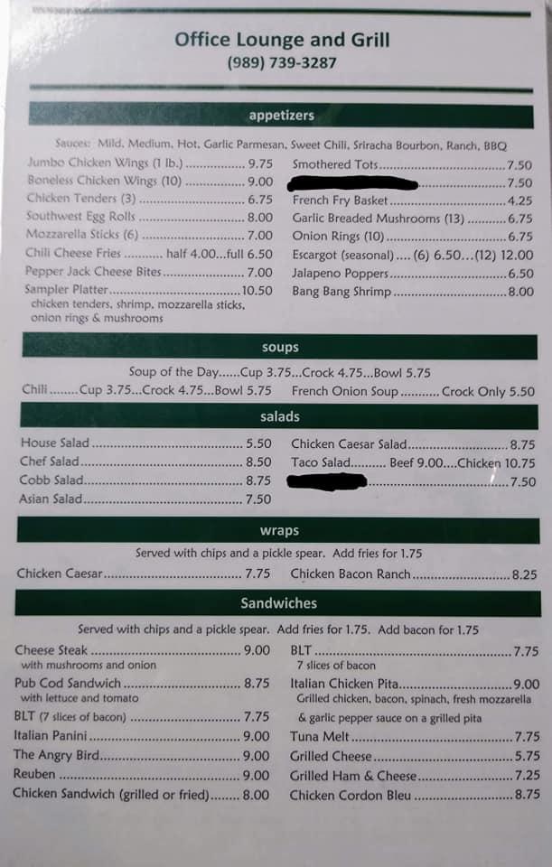 Menu at Office Lounge & Grill pub & bar, Oscoda Township
