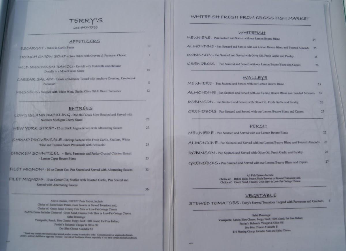 Menu At Terrys Of Charlevoix Restaurant Charlevoix