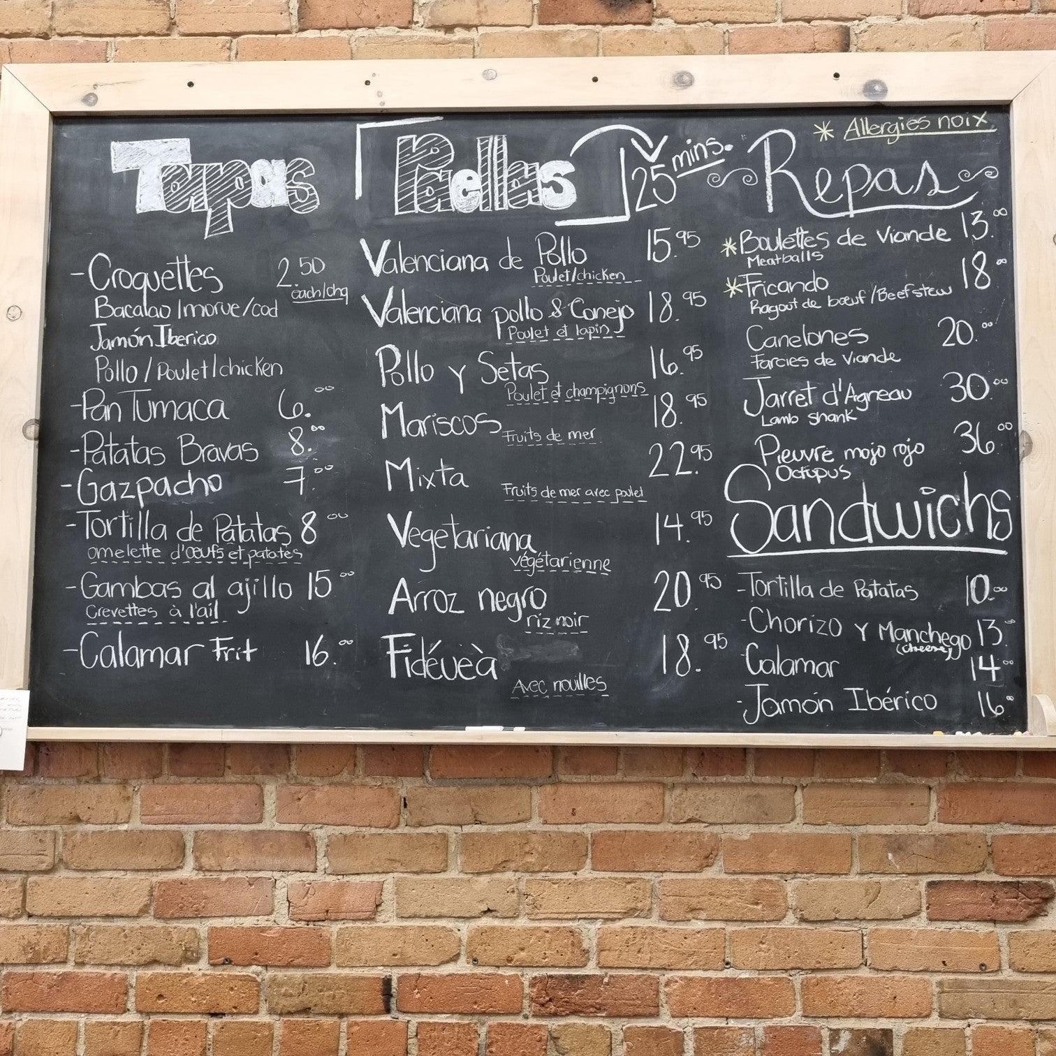 Menu at Montreal Paella restaurant, Montréal